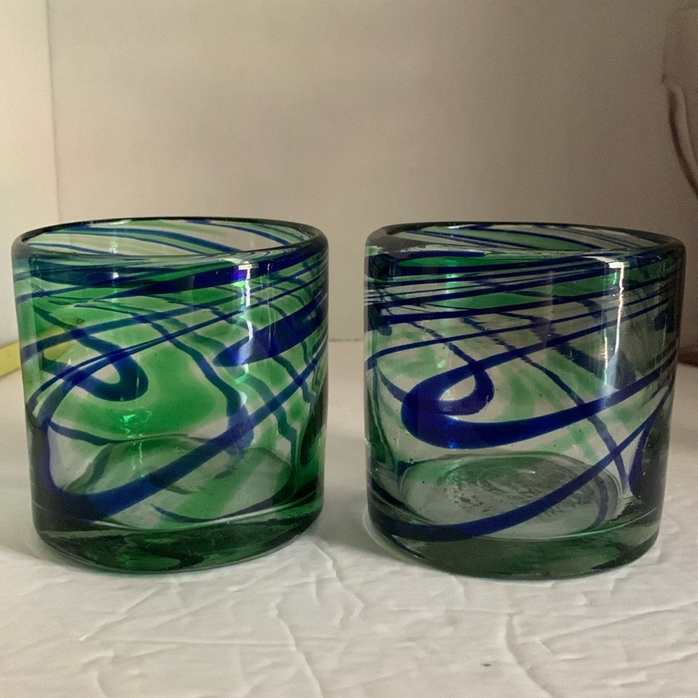 Two gorgeous low ball tumbler glasses, hand blown,thick walled heavy, blue green